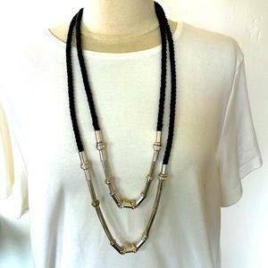 Chico's Bold Double Black Cord & Silver Tone Beads with Rhinestones Necklace